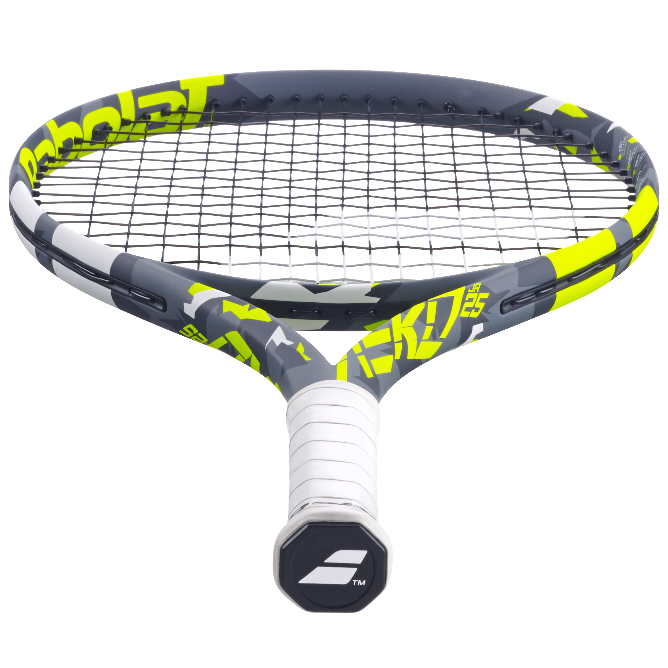 Babolat Aero Junior 25 tennis racquet with gray, neon yellow, and white camo design, white grip.