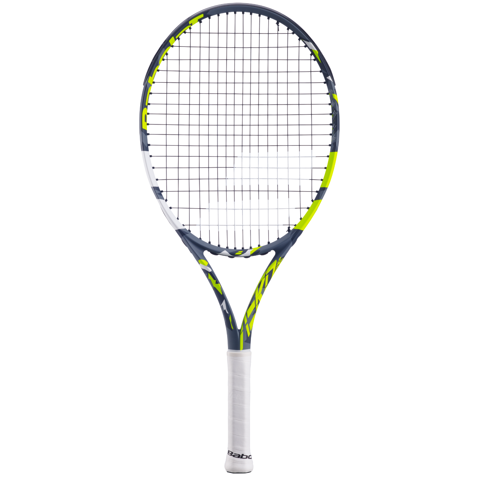Babolat Aero Junior 25 tennis racquet in dark grey, neon yellow, and white with a white grip.