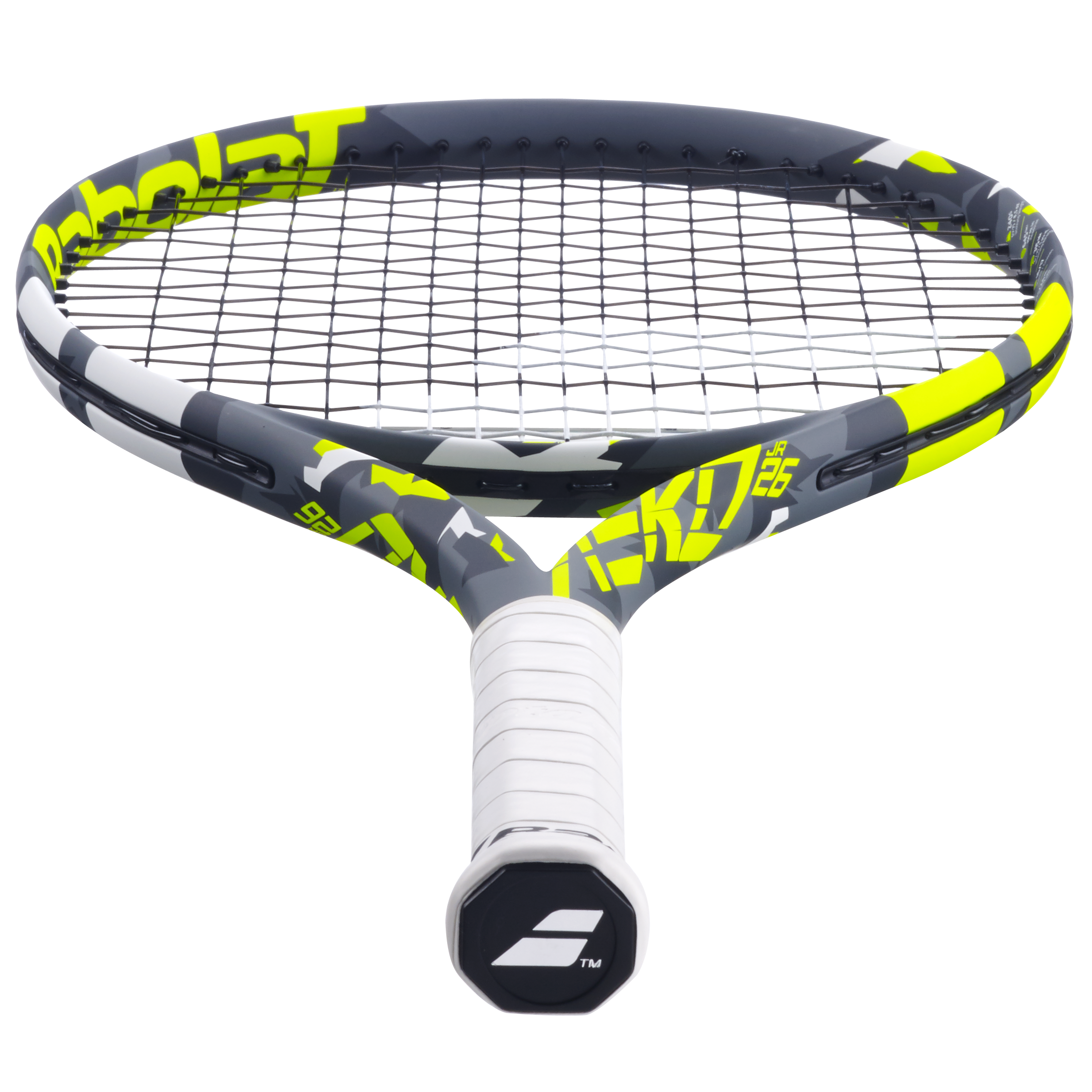 Babolat Aero Junior 26 tennis racquet, dark gray with bright yellow and white accents, white grip.