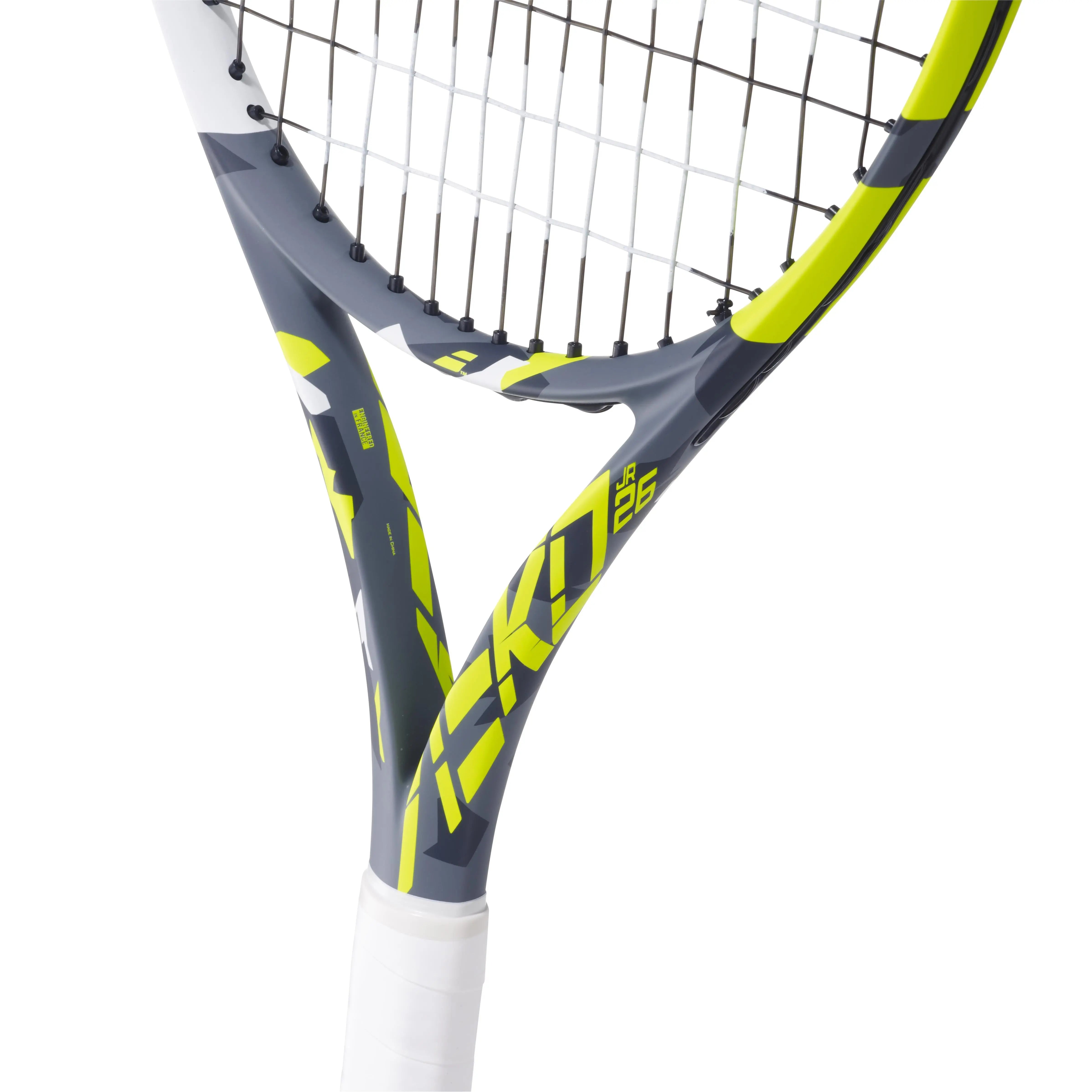 Babolat Aero Junior 26 tennis racquet, gray and neon yellow frame, white grip, and black strings.