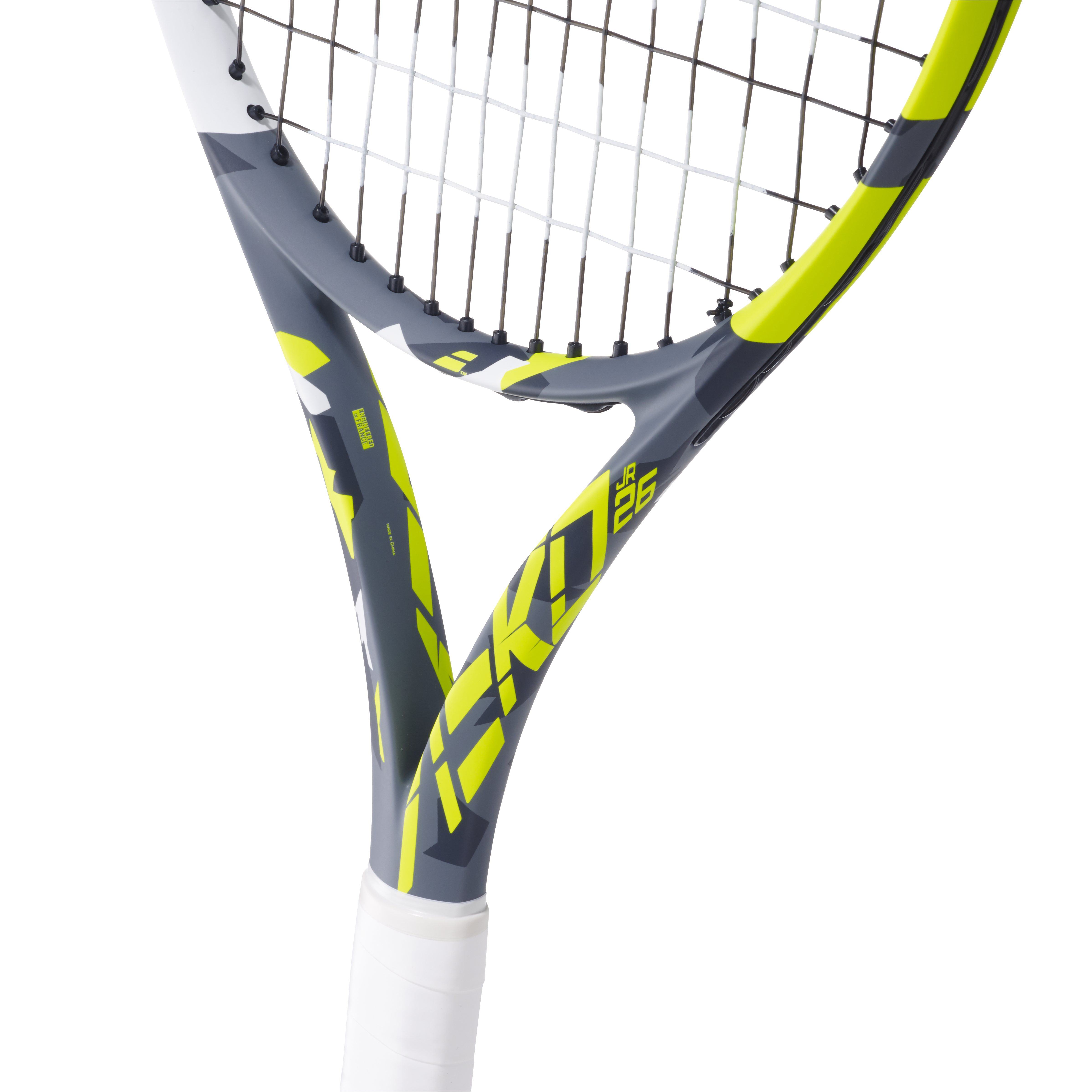 Babolat Aero Junior 26 tennis racquet, gray and neon yellow frame, white grip, and black strings.