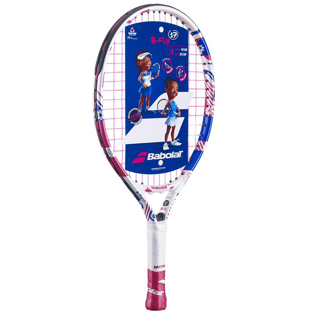 Babolat B'Fly 17 junior tennis racquet, white, pink, and blue with a colorful, kid-friendly design.