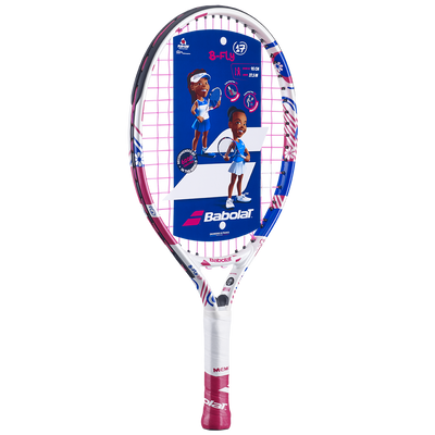 Babolat B'Fly 17 junior tennis racquet, white, pink, and blue with a colorful, kid-friendly design.
