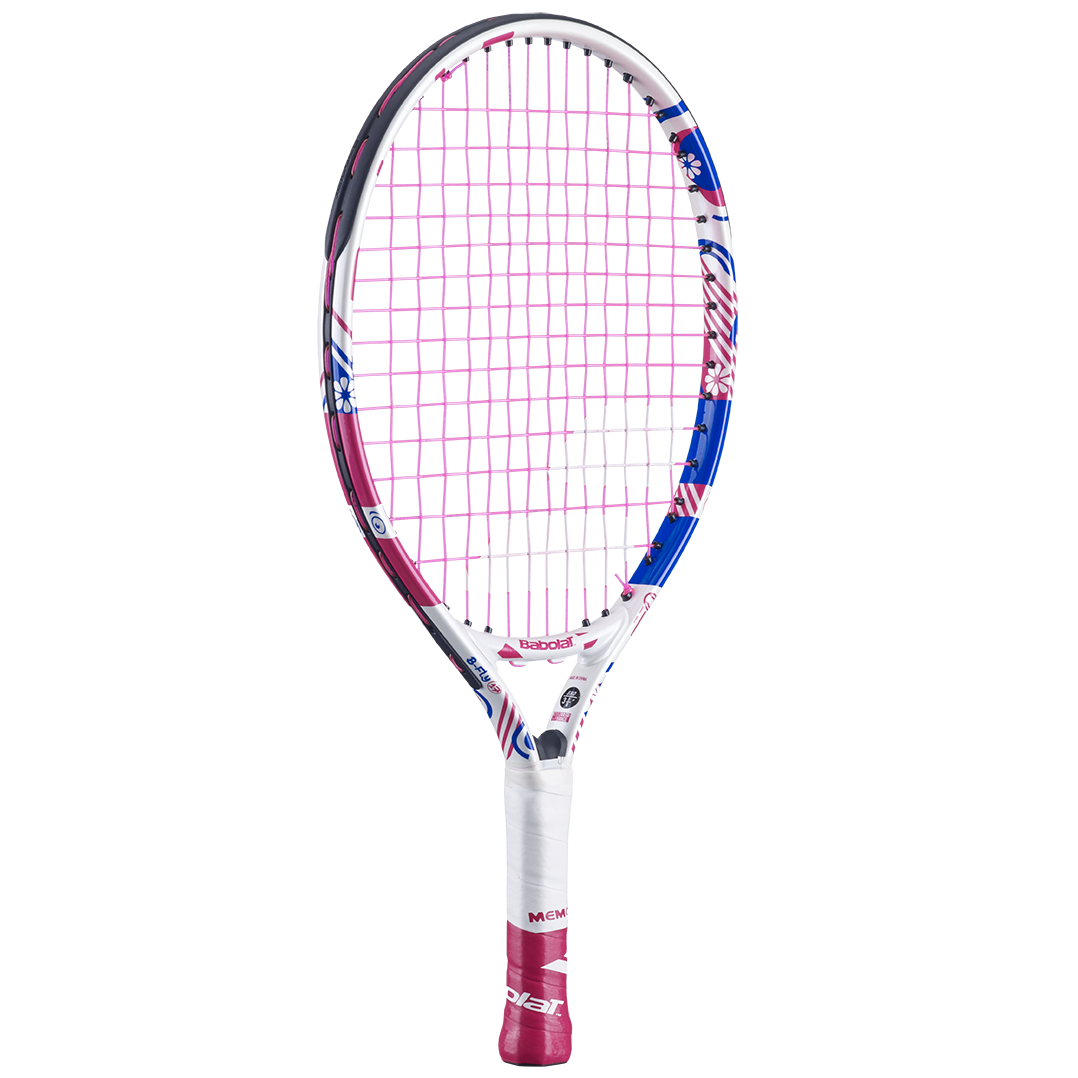 Babolat B'Fly 17 junior tennis racquet with pink strings, white grip, and colorful frame.