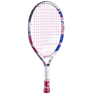 Babolat B'Fly 17 junior tennis racquet with pink strings, white grip, and colorful frame.