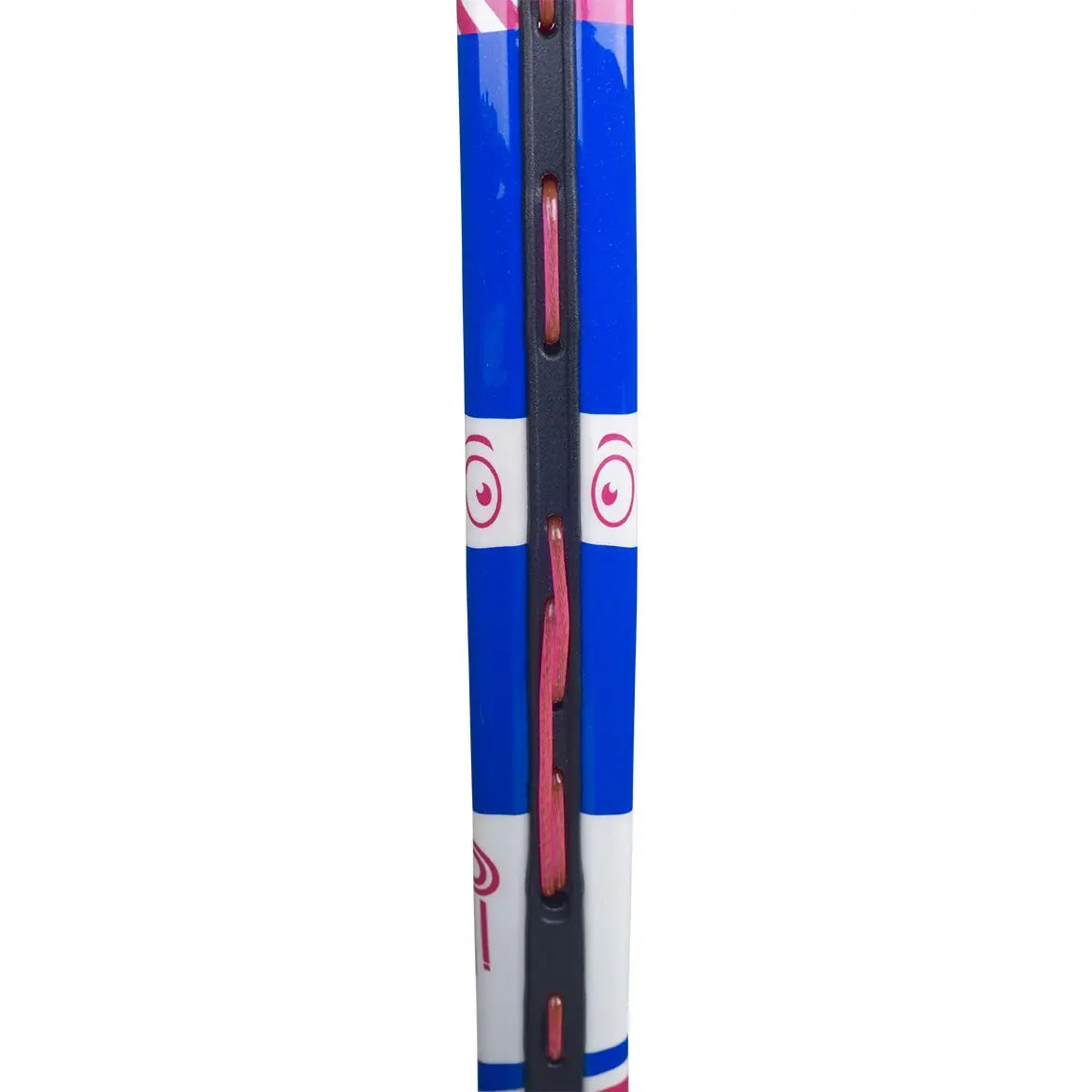 Close-up of a blue, pink, and white Babolat B'Fly 17 junior tennis racquet frame with pink strings.