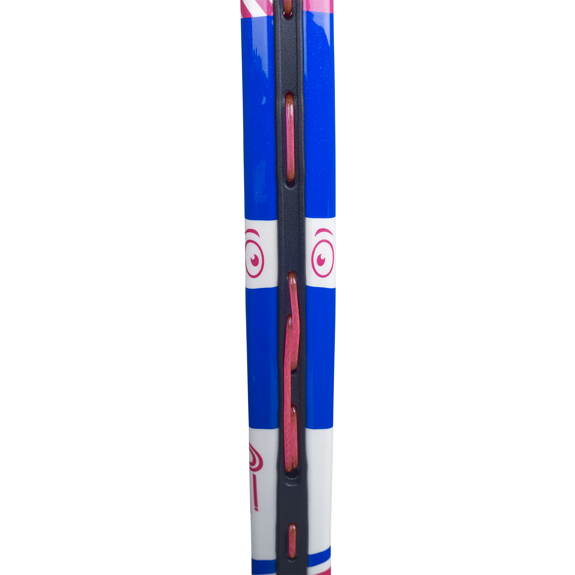 Close-up of a blue, pink, and white Babolat B'Fly 17 junior tennis racquet frame with pink strings.