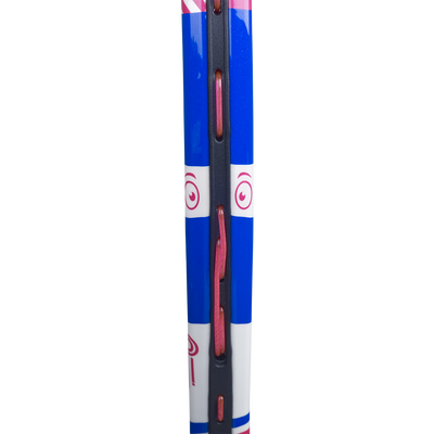 Close-up of a blue, pink, and white Babolat B'Fly 17 junior tennis racquet frame with pink strings.