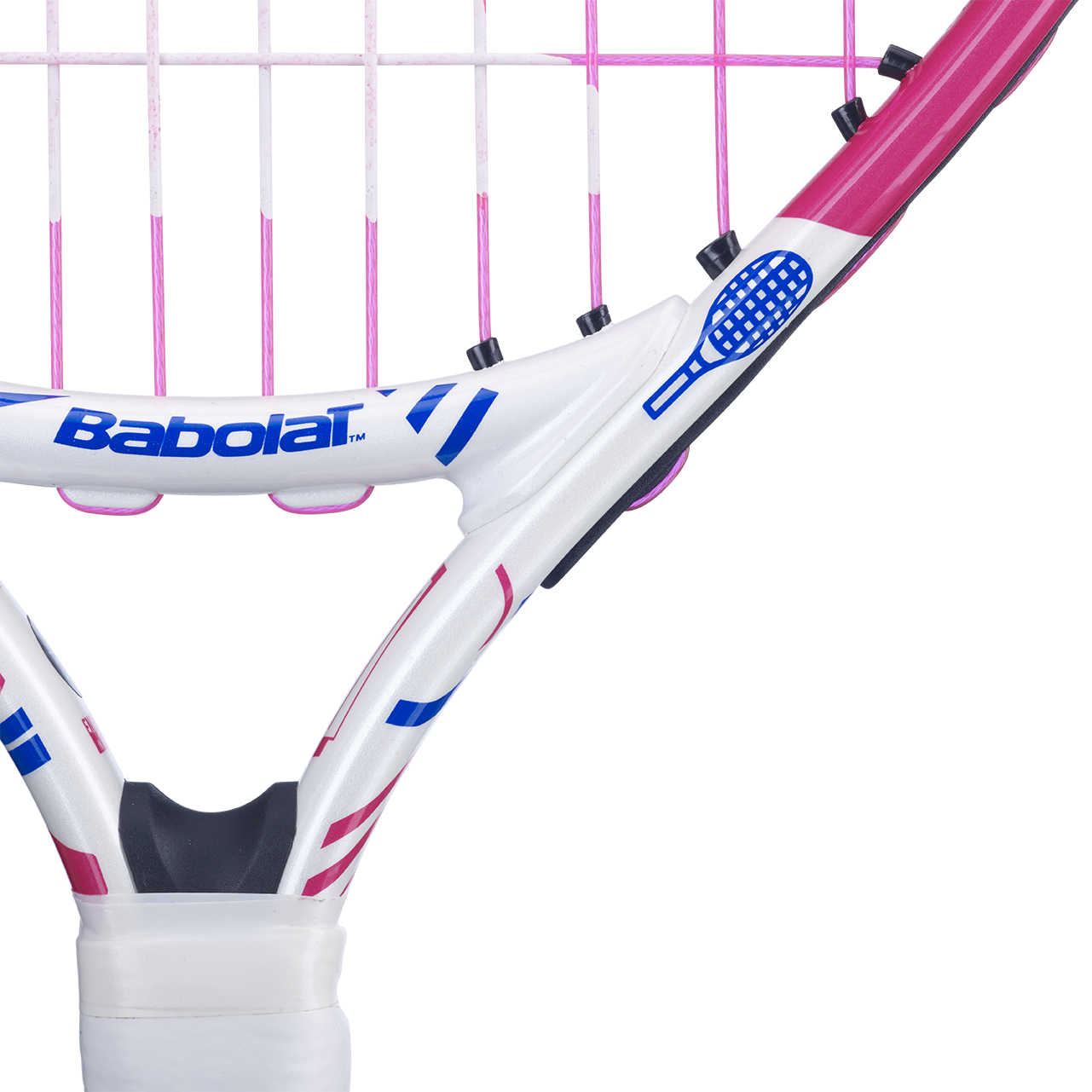 White Babolat B'Fly 17 junior tennis racquet with pink strings, blue logo, and grip.