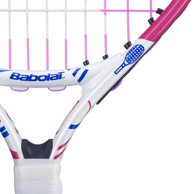 White Babolat B'Fly 17 junior tennis racquet with pink strings, blue logo, and grip.
