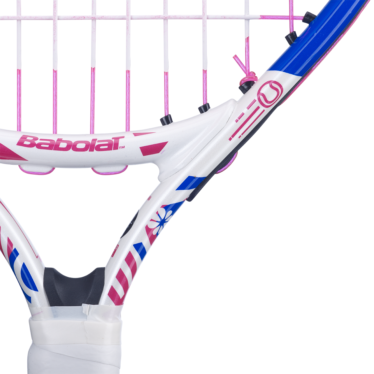 Babolat B'Fly 17 junior tennis racquet, white frame with pink and blue accents, pink strings, and white grip.