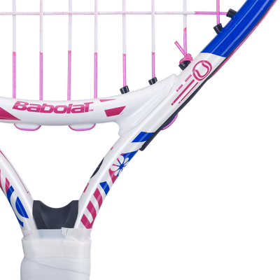 Babolat B'Fly 17 junior tennis racquet, white frame with pink and blue accents, pink strings, and white grip.