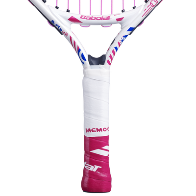 Babolat B'Fly 17 junior tennis racquet with white frame, pink strings, and white and pink grip.