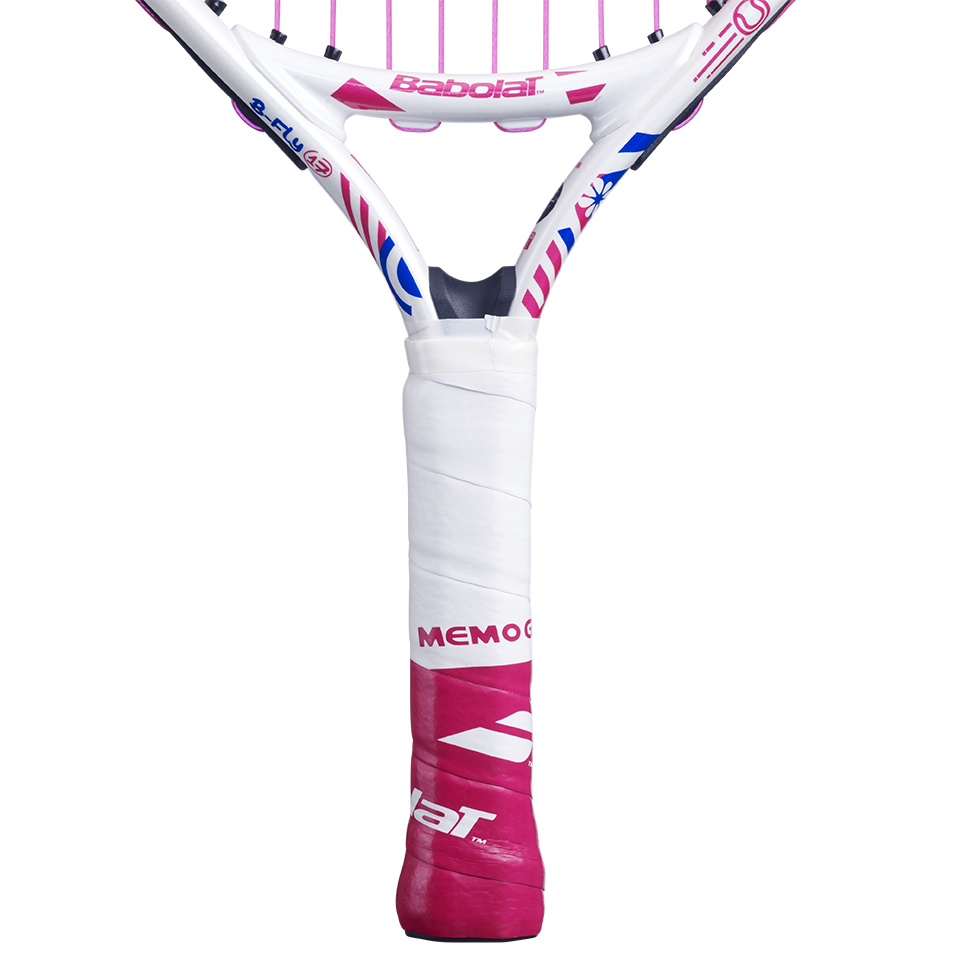 Babolat B'Fly 17 junior tennis racquet with white frame, pink strings, and white and pink grip.
