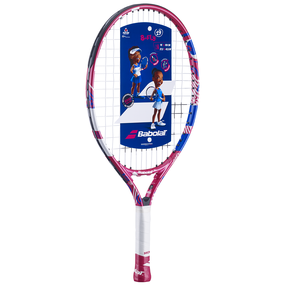 Babolat B'Fly 19 junior tennis racquet, pink and blue with white grip, for young beginners.