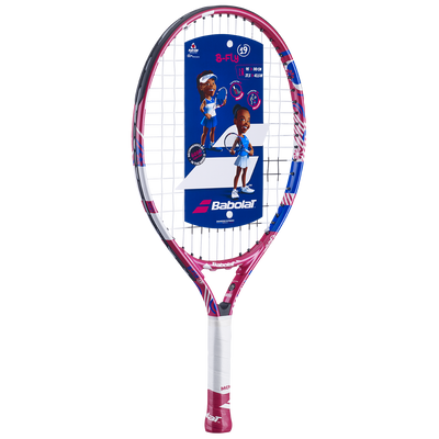 Babolat B'Fly 19 junior tennis racquet, pink and blue with white grip, for young beginners.