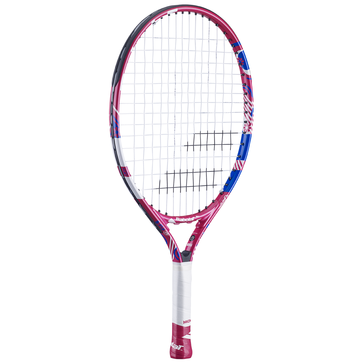 Babolat B'Fly 19 junior tennis racquet, pink, blue, and white with a white grip.