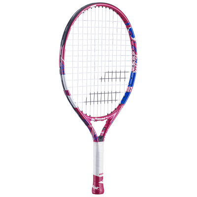 Babolat B'Fly 19 junior tennis racquet, pink, blue, and white with a white grip.