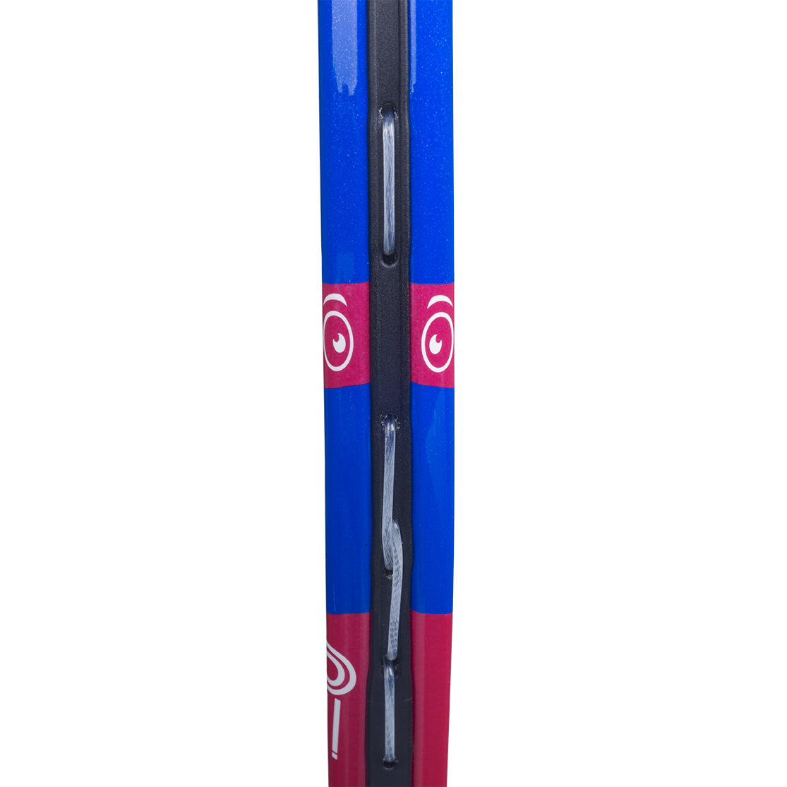 Close-up of a blue and red Babolat B'Fly 19 junior tennis racquet frame with white strings.