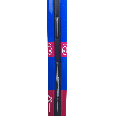 Close-up of a blue and red Babolat B'Fly 19 junior tennis racquet frame with white strings.