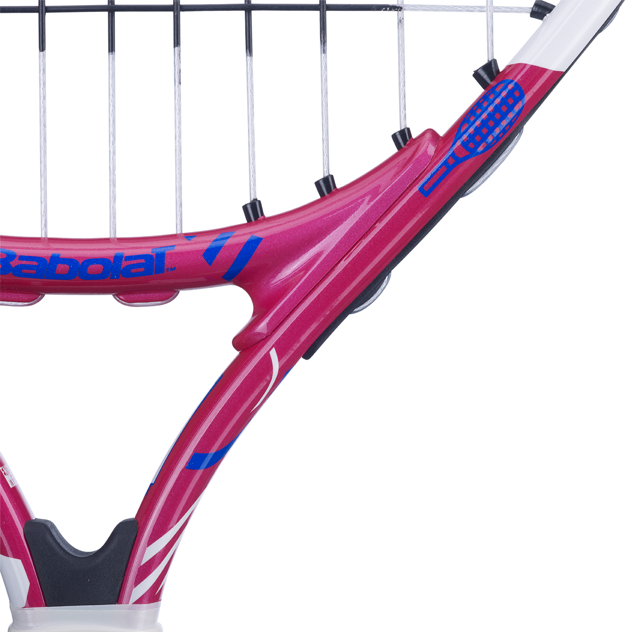 Close-up of a pink Babolat B'Fly 19 junior tennis racquet with blue and white accents.