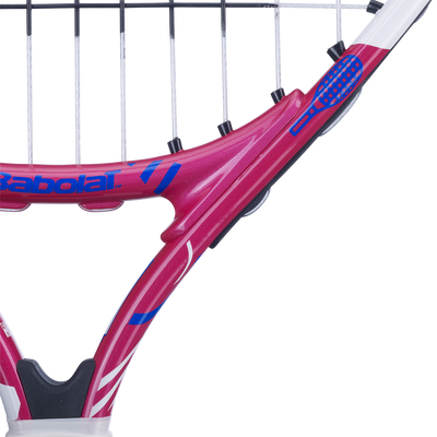 Close-up of a pink Babolat B'Fly 19 junior tennis racquet with blue and white accents.