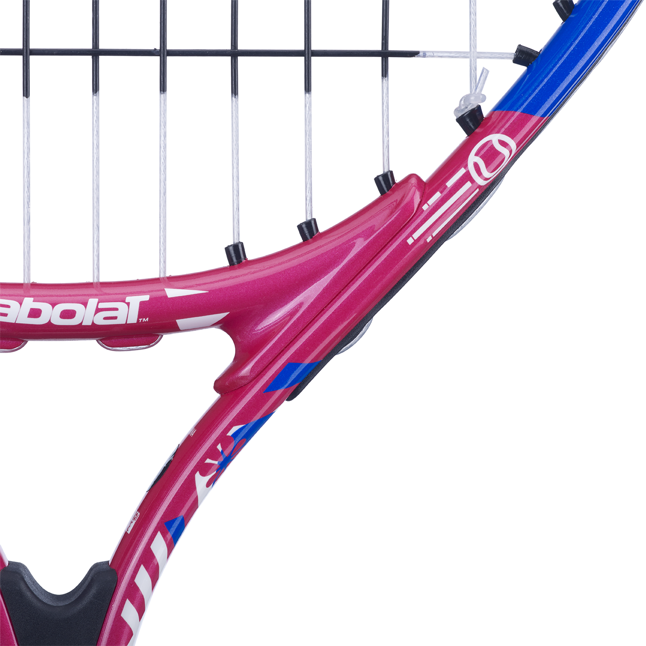 Close-up of a pink, blue, and white Babolat B'Fly 19 junior tennis racquet frame and strings.