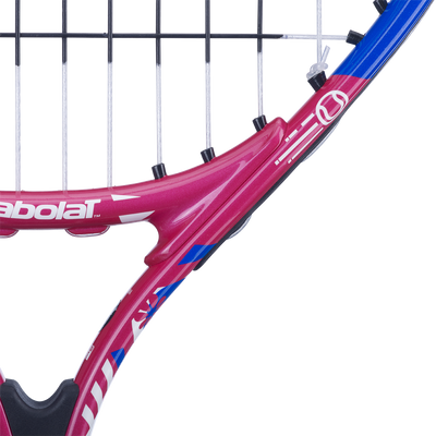 Close-up of a pink, blue, and white Babolat B'Fly 19 junior tennis racquet frame and strings.