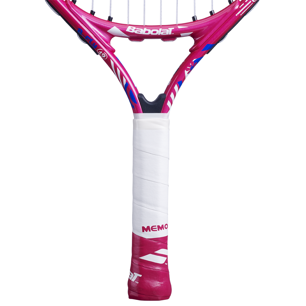 Babolat B'Fly 19 junior tennis racquet, pink frame with white grip and blue accents.