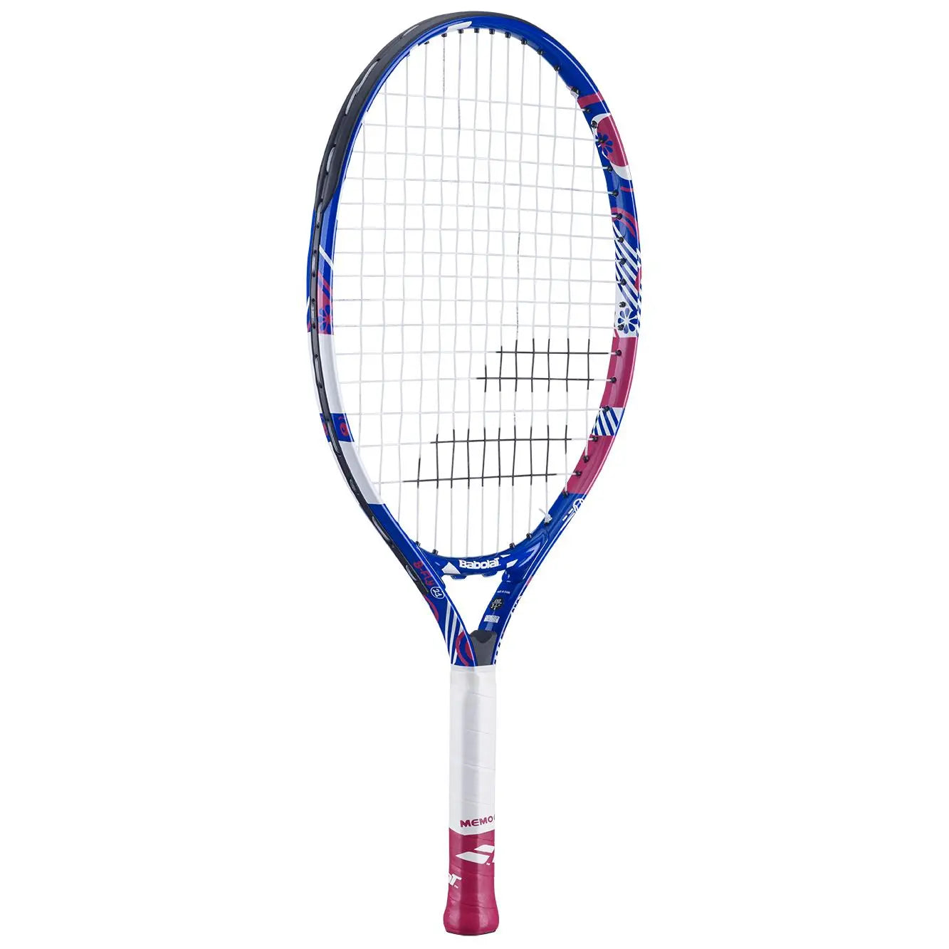Babolat B'Fly 21 junior tennis racquet, blue, pink, and white design, white grip.