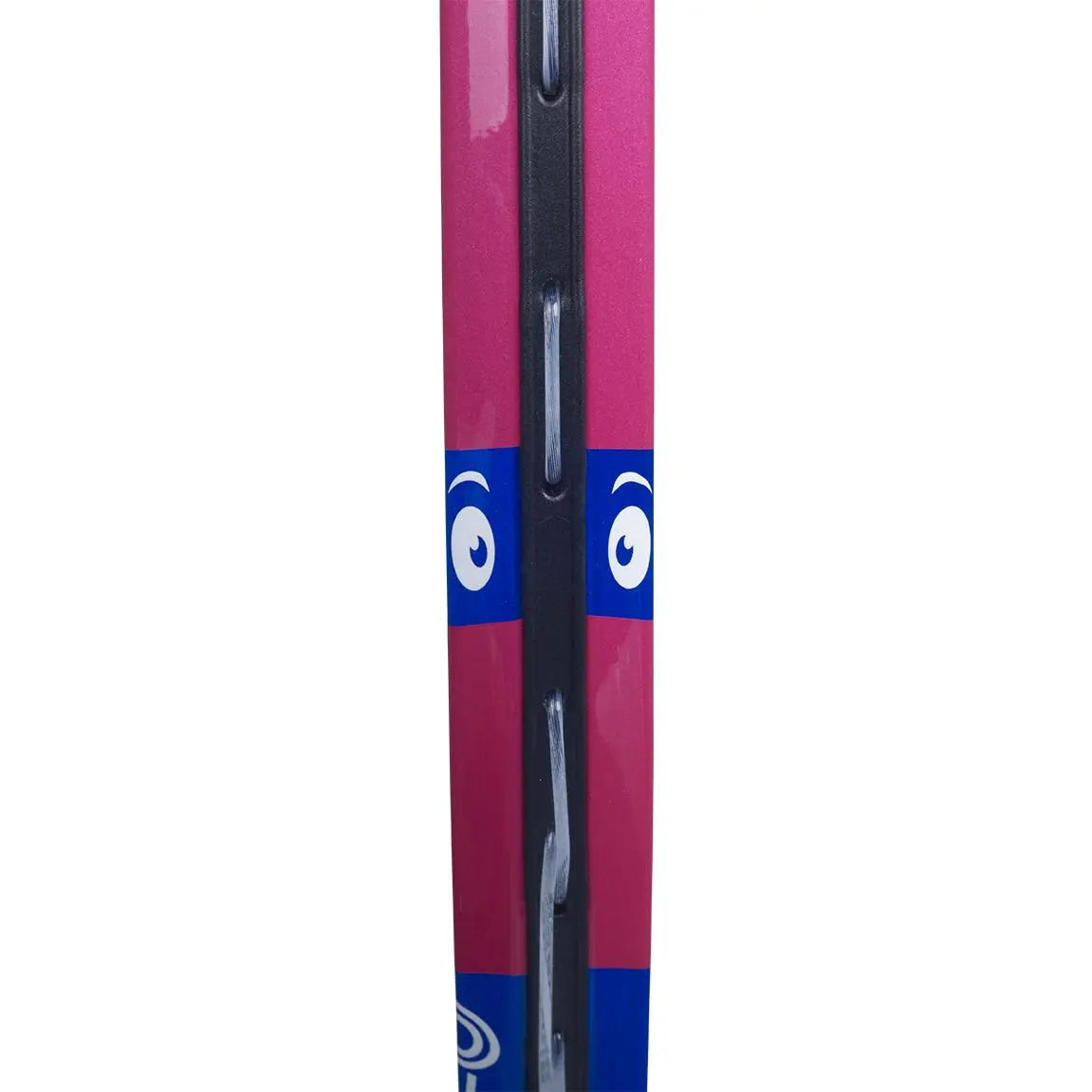 Close-up of a pink Babolat B'Fly 21 junior tennis racquet frame with blue and white eye graphics.