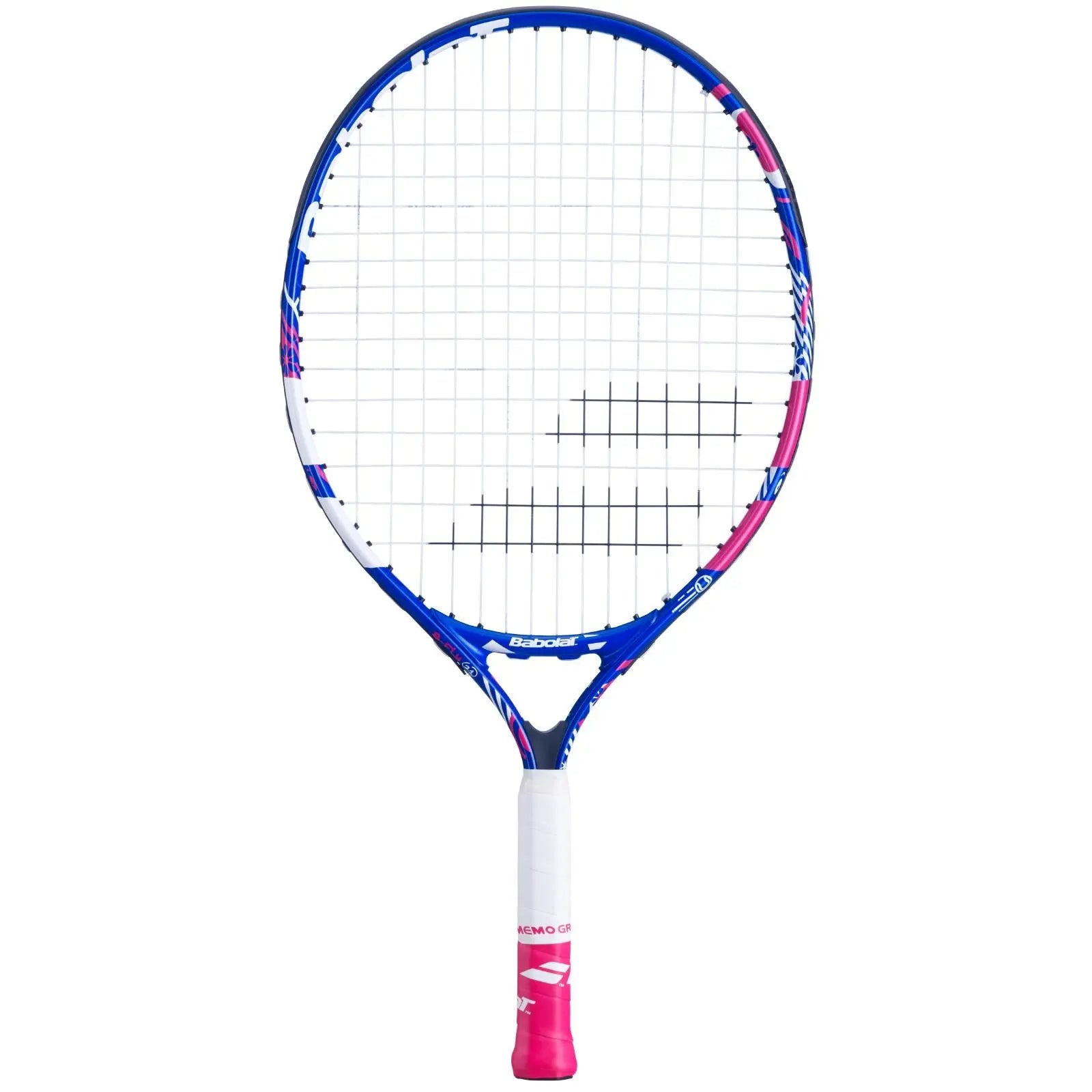 Babolat B'Fly 21 junior tennis racquet, blue, white, and pink design, white grip.