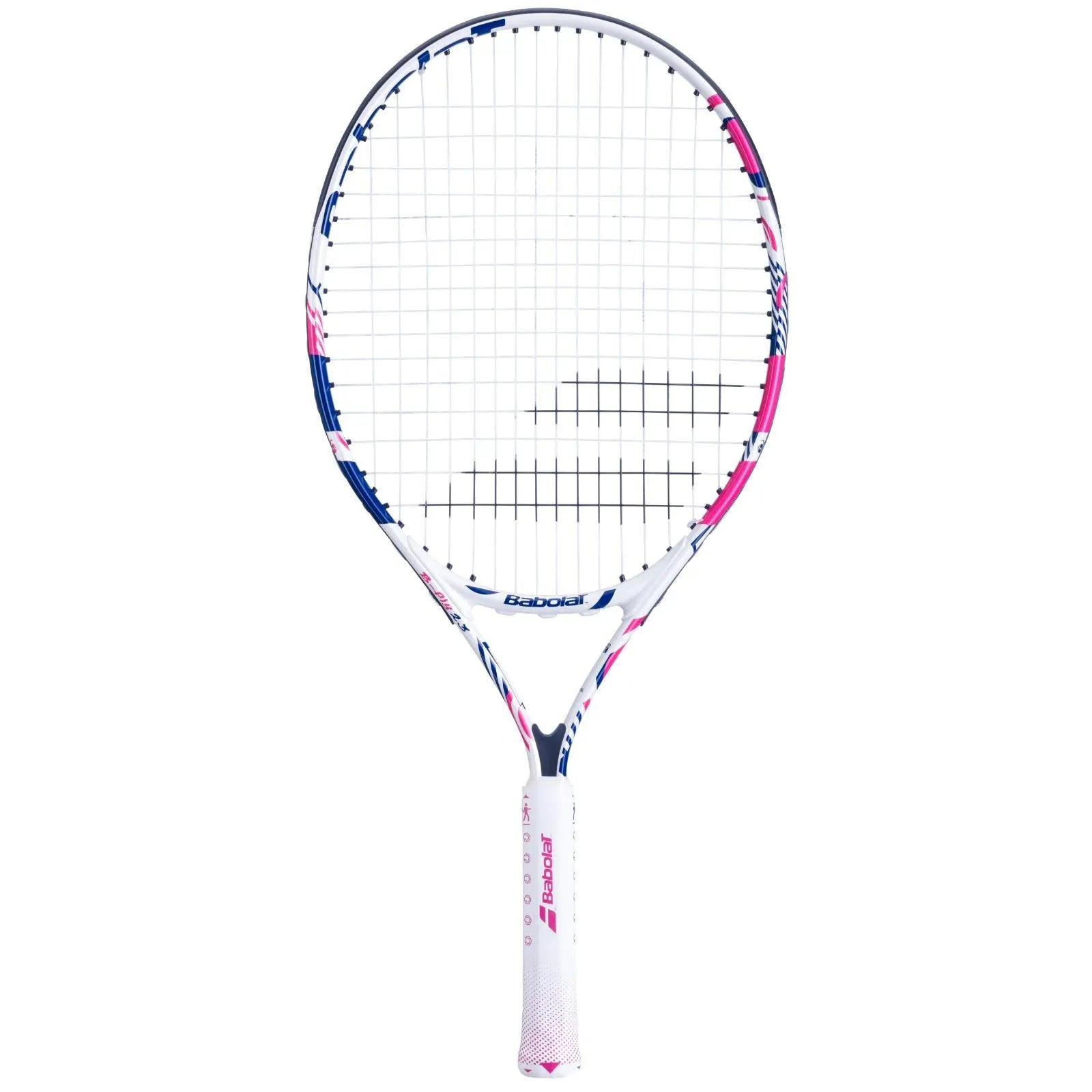 Babolat B'Fly 23 junior tennis racquet, white with pink and blue accents, 200g, for ages 6-8.