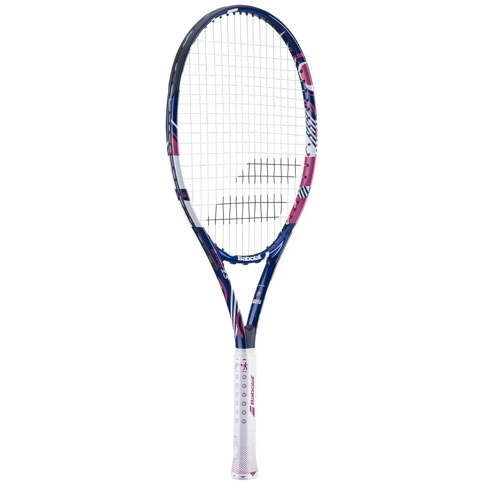 Babolat B'Fly 25 junior tennis racquet with blue, pink, and white design, white grip.