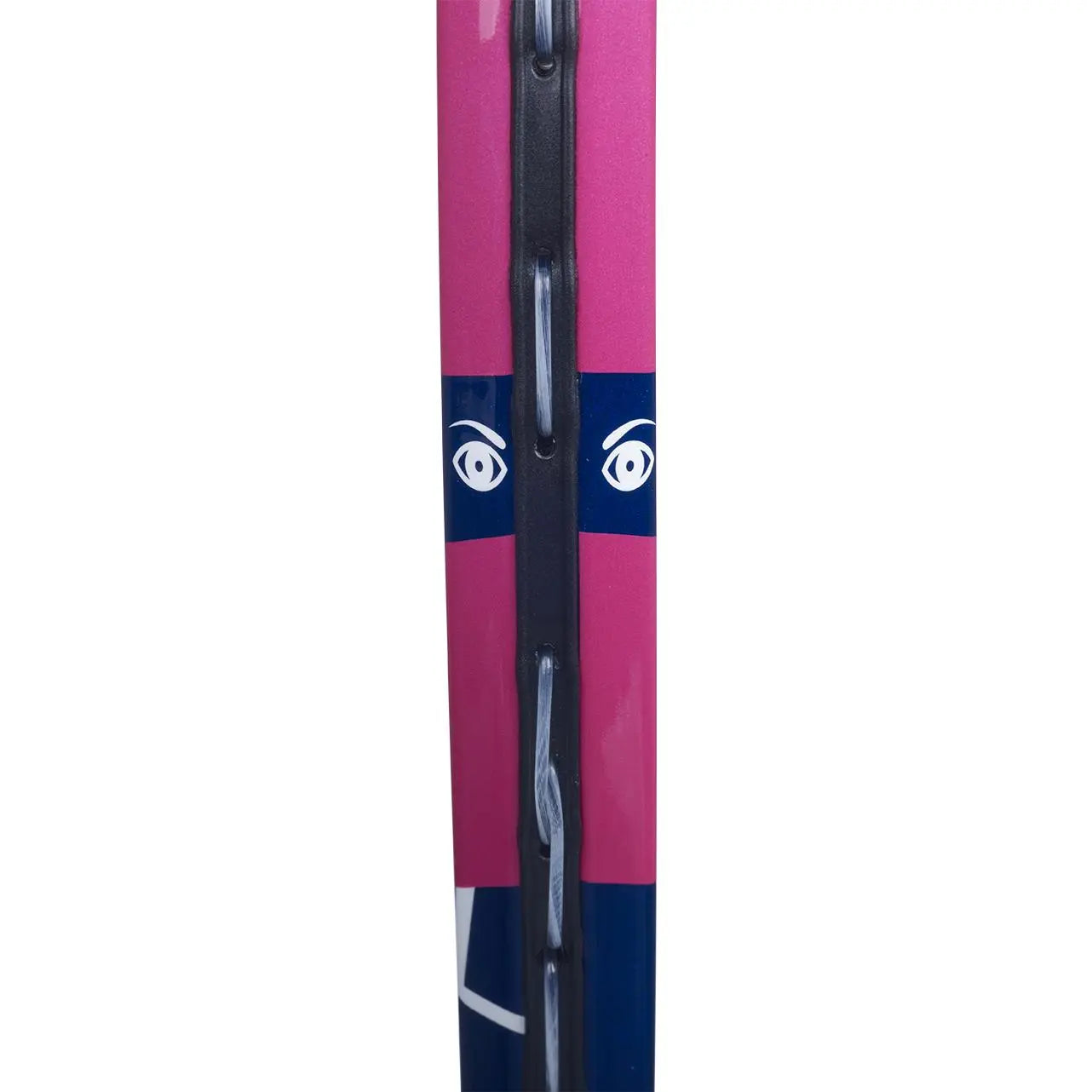Close-up of a pink and blue Babolat B'Fly 25 junior tennis racquet with eye graphics.