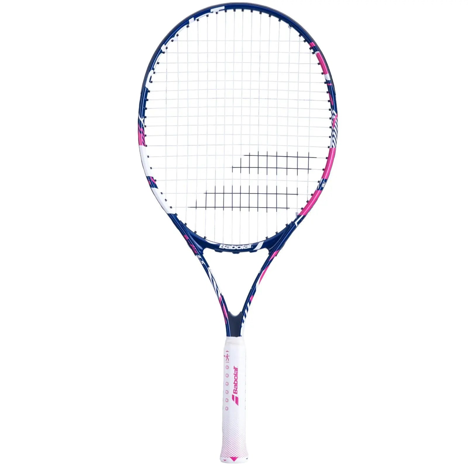 Babolat B'Fly 25 junior tennis racquet, navy blue, white, and pink frame, white grip.