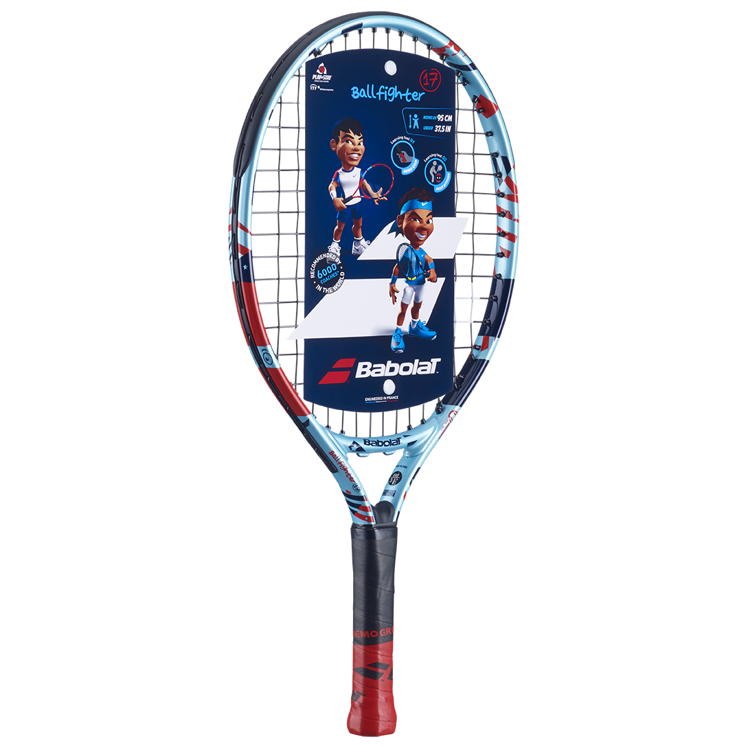 Babolat Ballfighter 17 junior tennis racquet, light blue, red, and black with cartoon graphics.
