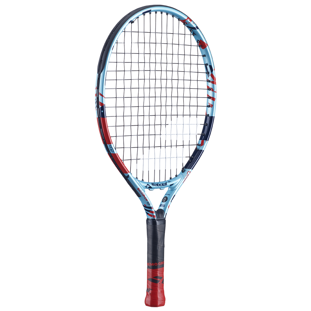 Babolat Ballfighter 17 junior tennis racquet, light blue, red, and navy with a black grip.