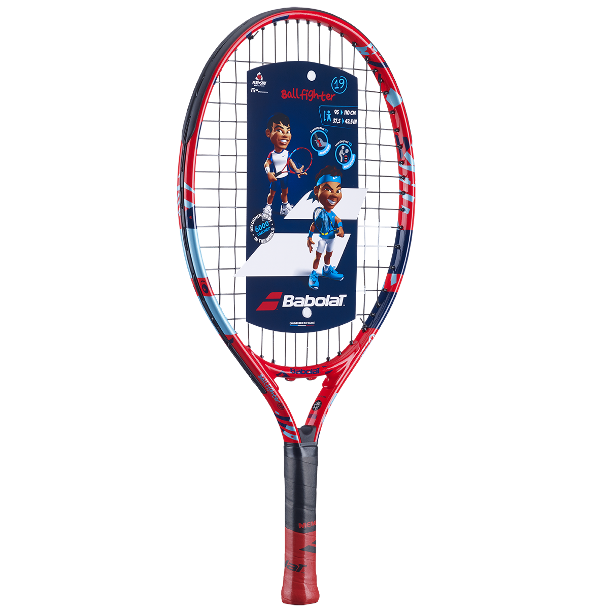 Red and blue Babolat Ballfighter 19 junior tennis racquet with black grip, pre-strung.