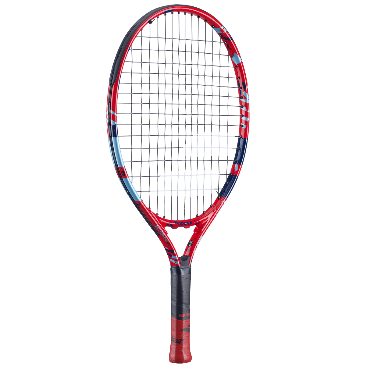 Babolat Ballfighter 19 junior tennis racquet, red, blue, and black with white strings.