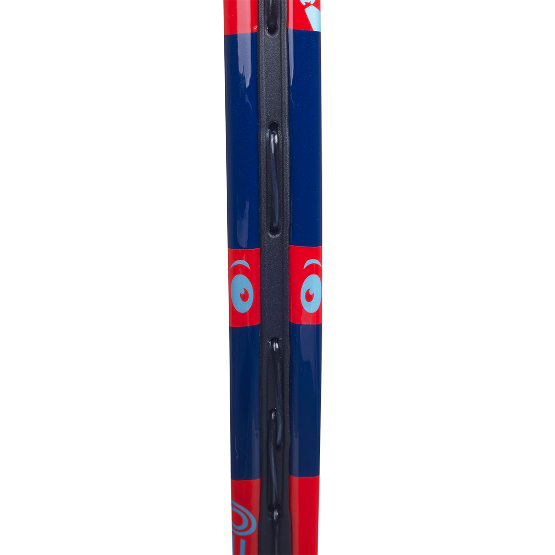 Close-up of a dark blue Babolat Ballfighter 19 junior tennis racquet frame with red accents and blue eye graphics.