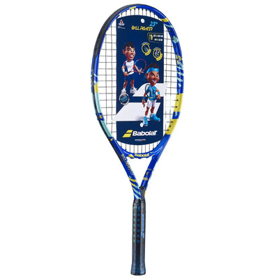 Babolat Ballfighter 23 junior tennis racquet, blue and yellow with black grip, 23-inch length.