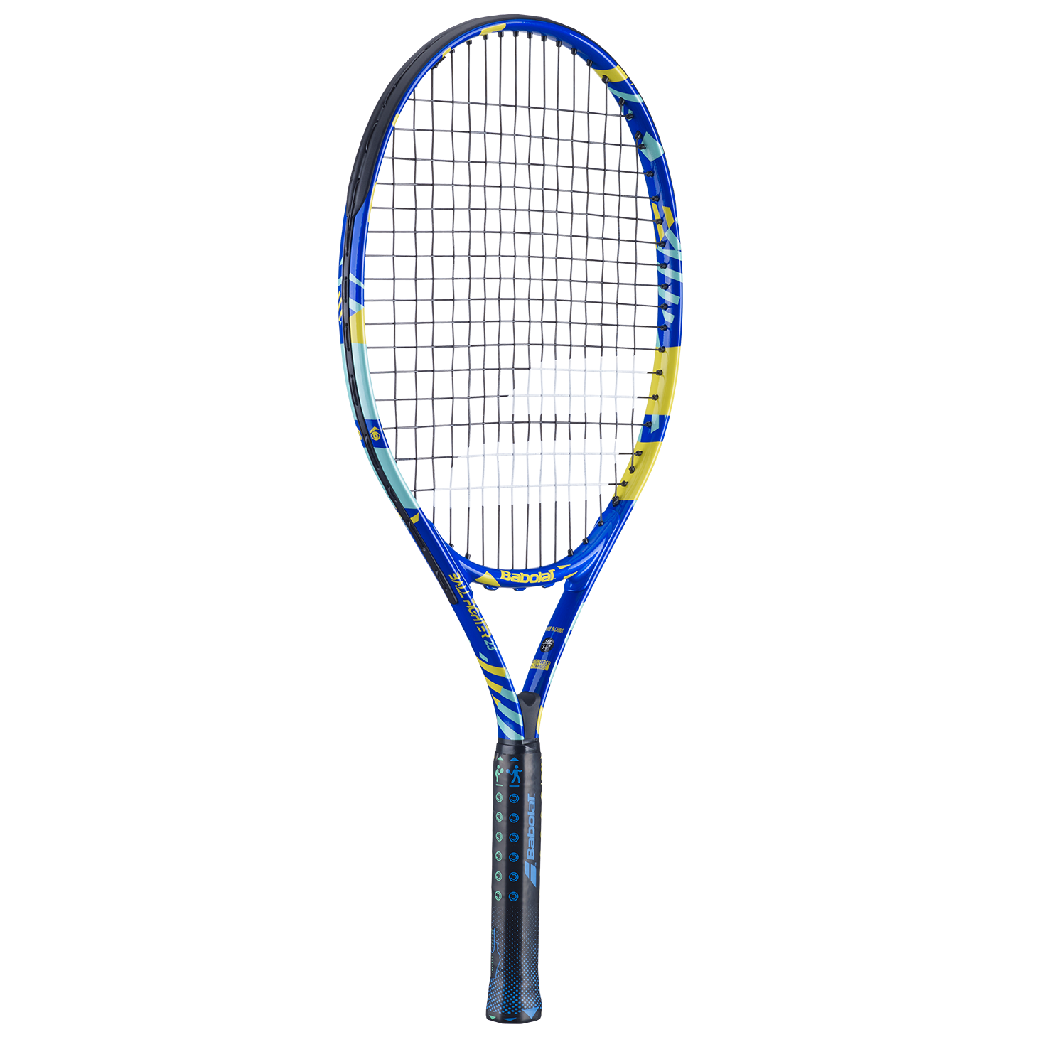 Babolat Ballfighter 23 junior tennis racquet, blue with yellow and light blue accents, black grip.