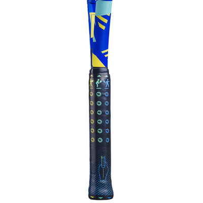 Close-up of a Babolat Ballfighter 23 junior tennis racquet handle with black grip and blue, yellow, and light blue shaft design.