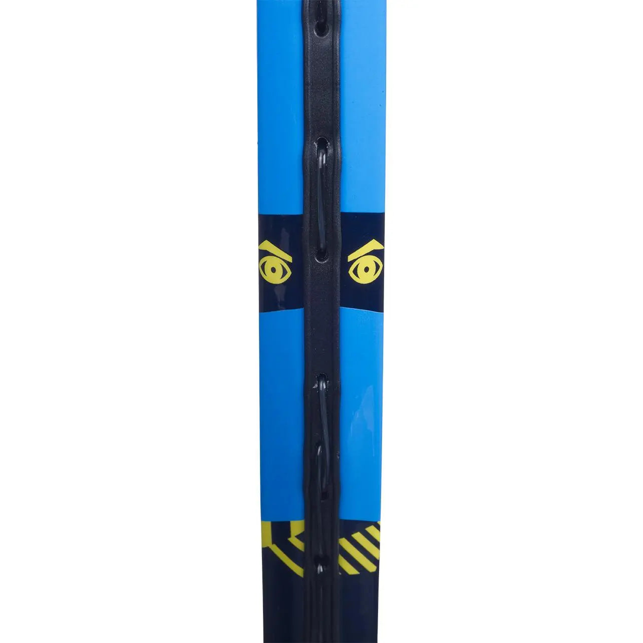 Close-up of a blue Babolat Ballfighter 25 junior tennis racquet frame with yellow eye graphics.