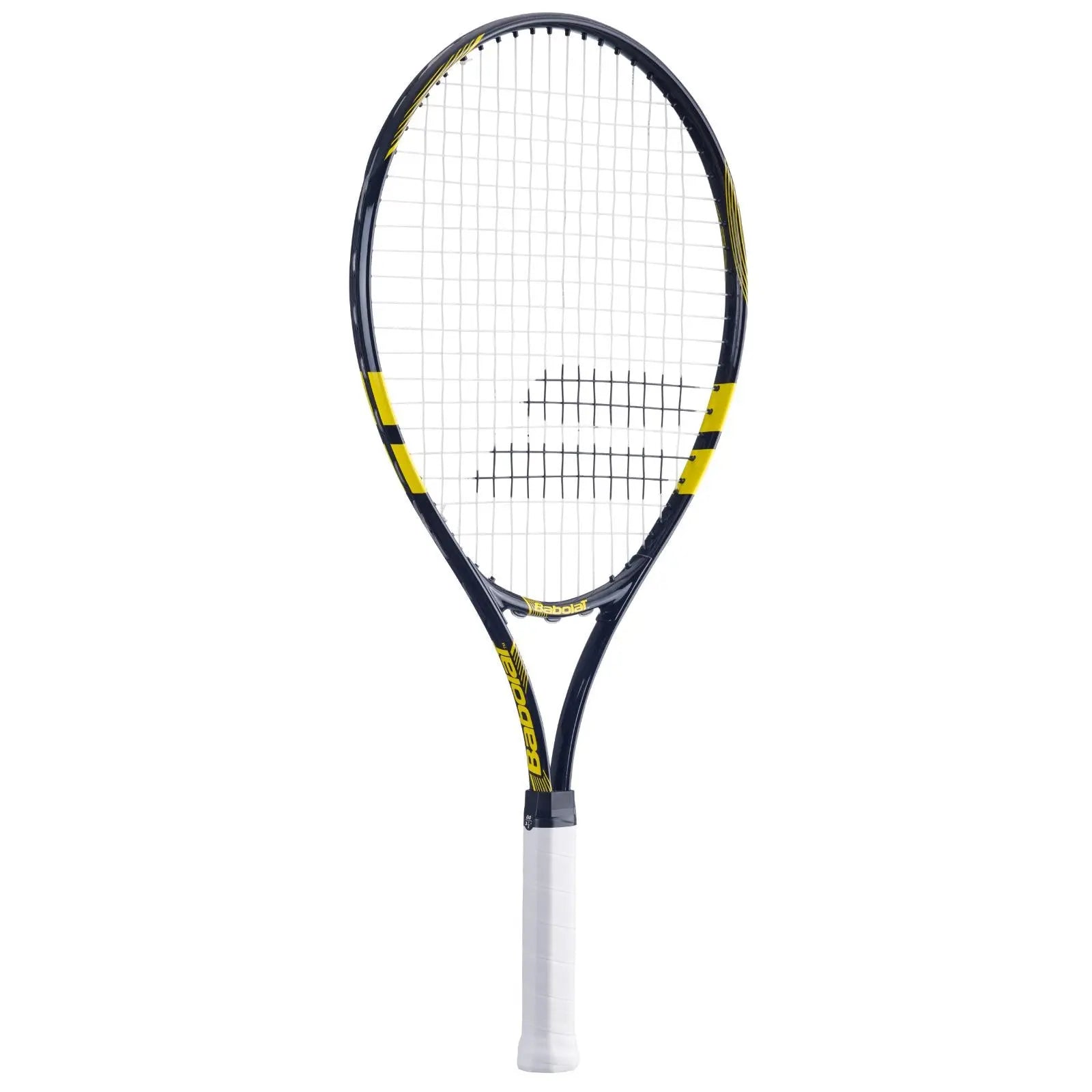 Babolat Comet Junior 25 tennis racquet, black frame with yellow accents, white grip, and white strings.