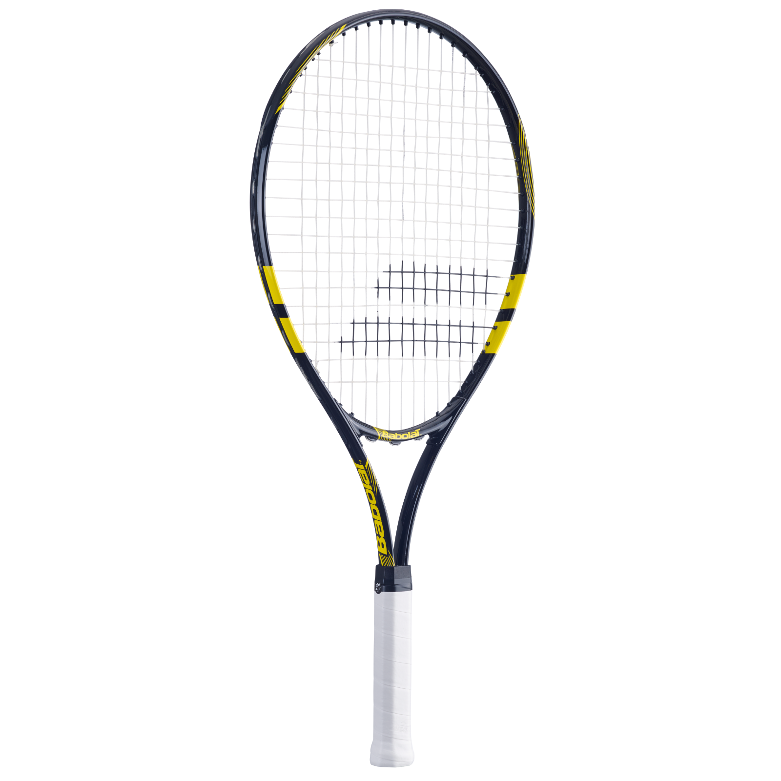 Babolat Comet Junior 25 tennis racquet, black frame with yellow accents, white grip, and white strings.