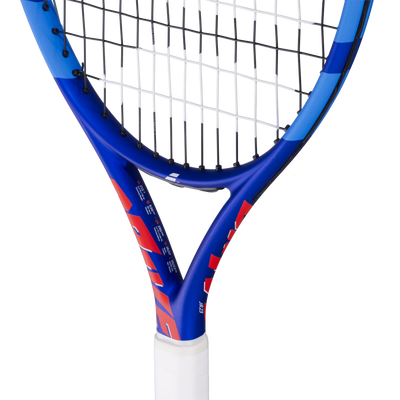 Babolat Drive Jr 23 blue and red junior tennis racquet with white grip and strings.