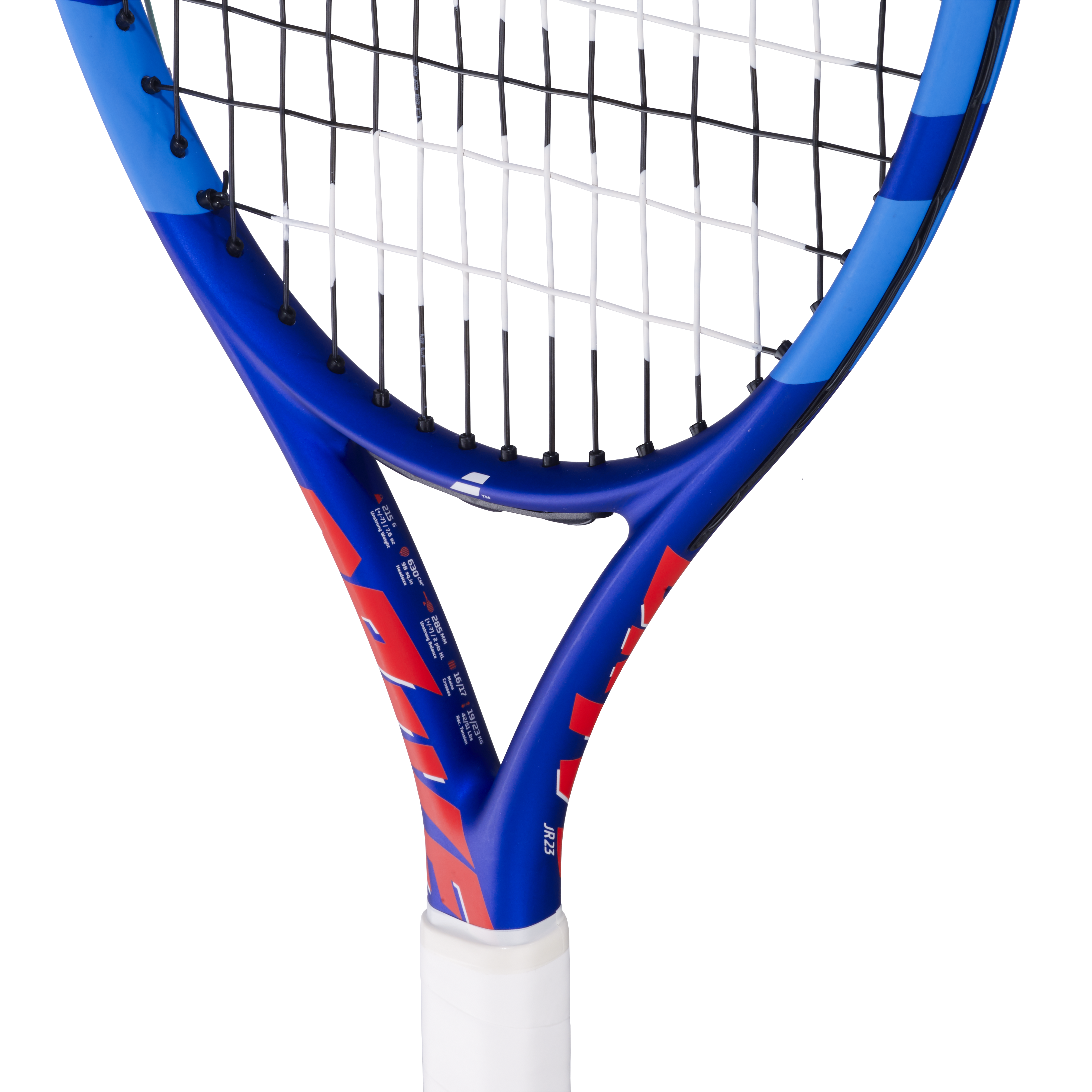 Babolat Drive Jr 23 blue and red junior tennis racquet with white grip and strings.