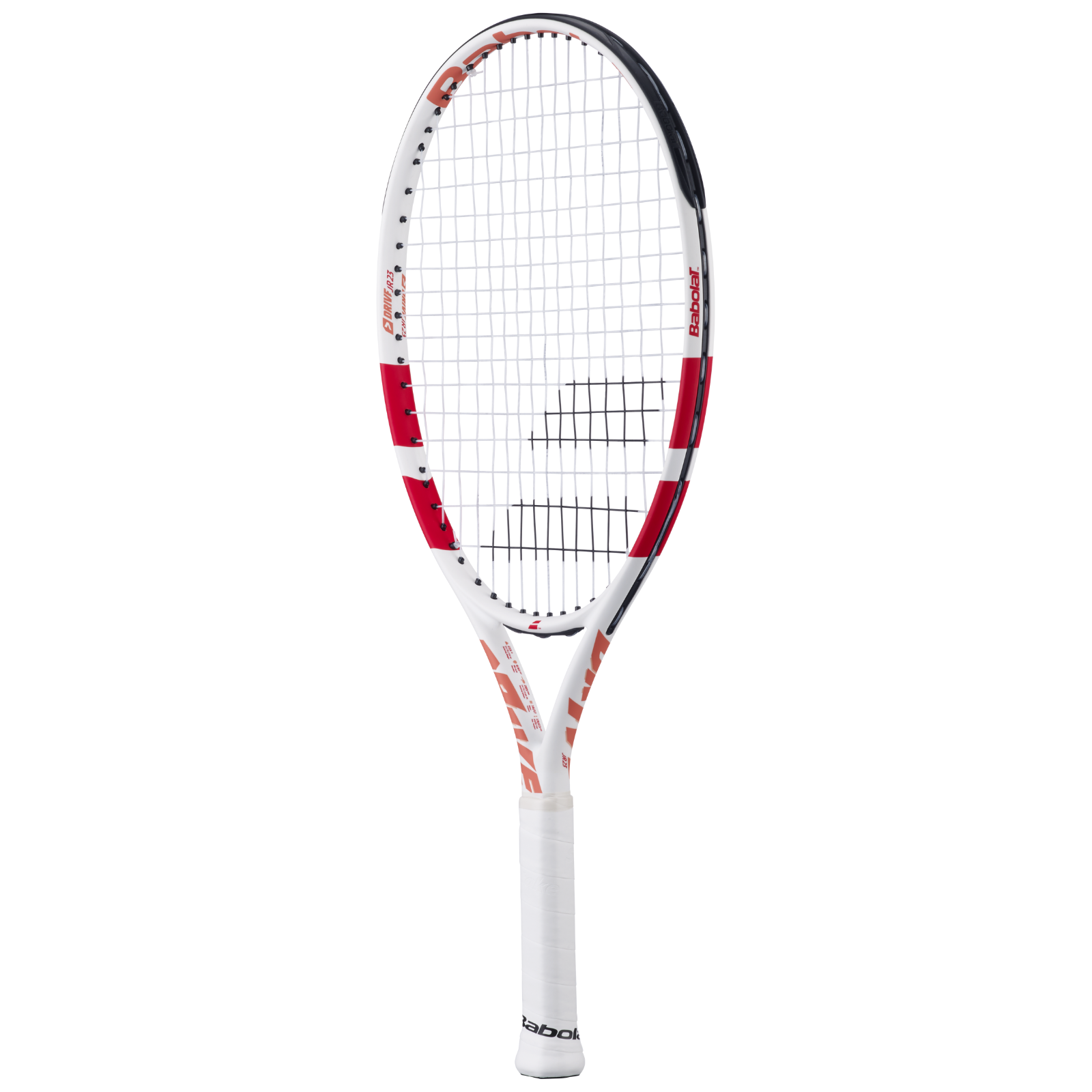 Babolat Junior Tennis Racquet Drive Jr 23, white and red with black accents, white grip.